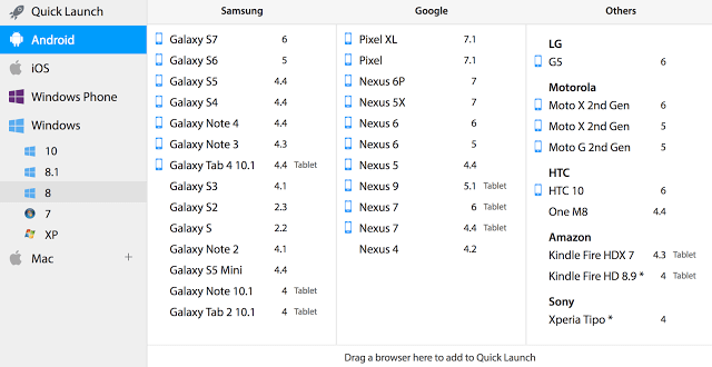 BrowserStack options for mobile